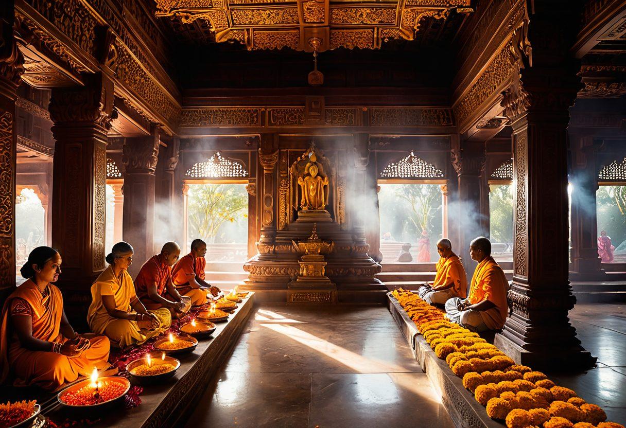 A serene scene depicting a Hindu temple adorned with vibrant marigold flowers and incense smoke wafting gently in the air. Devotees engaged in various rituals, including lighting diyas and offering prayers, surrounded by intricate carvings and colorful statues of deities. Soft rays of sunlight filtering through the temple's ornate architecture, enhancing the spiritual ambiance. Emphasis on tranquility and devotion, capturing the essence of Hindu traditions. super-realistic. vibrant colors. ethereal lighting.