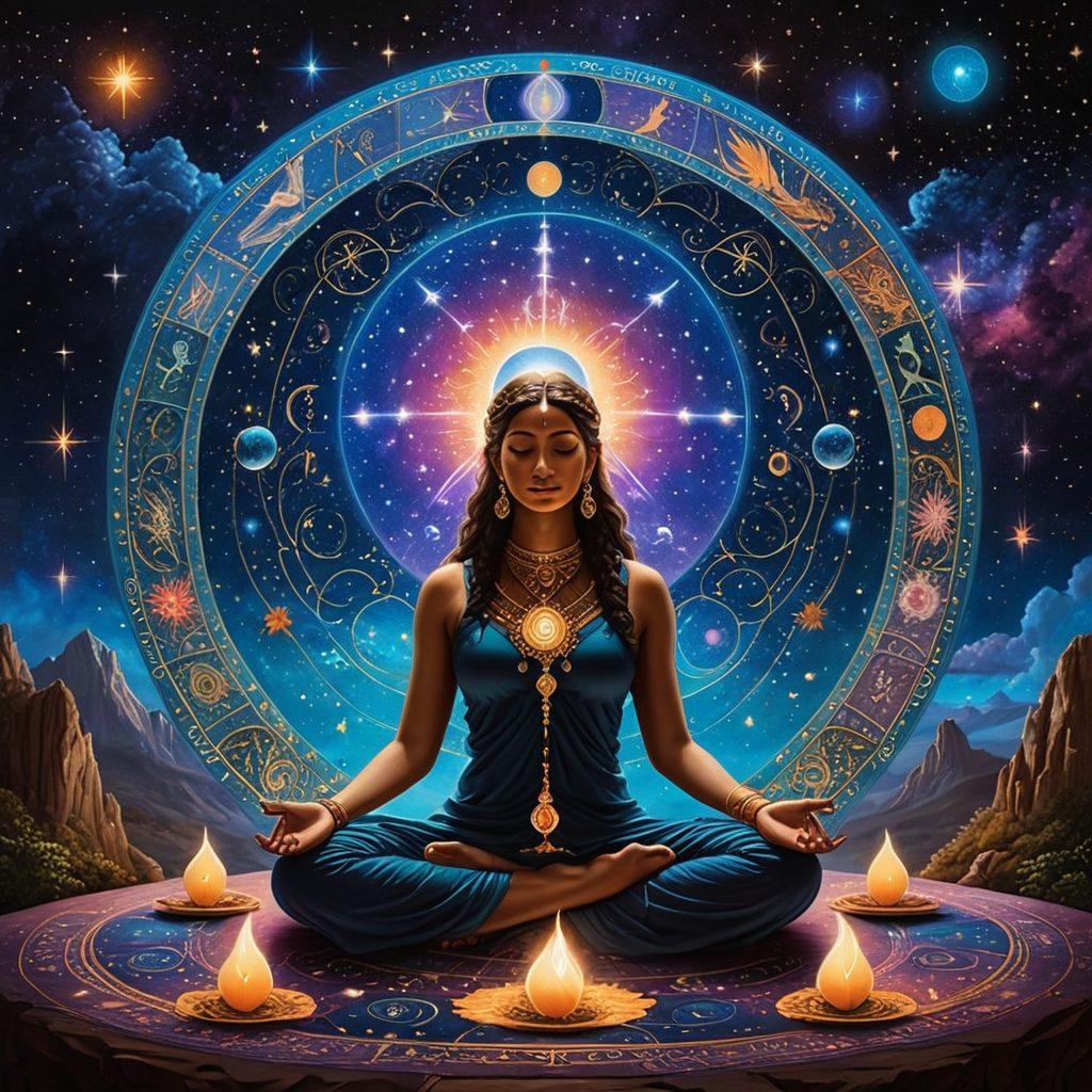 A mystical night sky filled with constellations and celestial bodies representing Vedic astrology, combined with a serene figure in meditation surrounded by ancient astrological symbols. Ethereal light beams illuminating spiritual icons and sacred rituals, creating a sense of harmony and fulfillment. Incorporate vibrant colors and intricate details to reflect spirituality and enlightenment. surrealist art. vibrant colors.