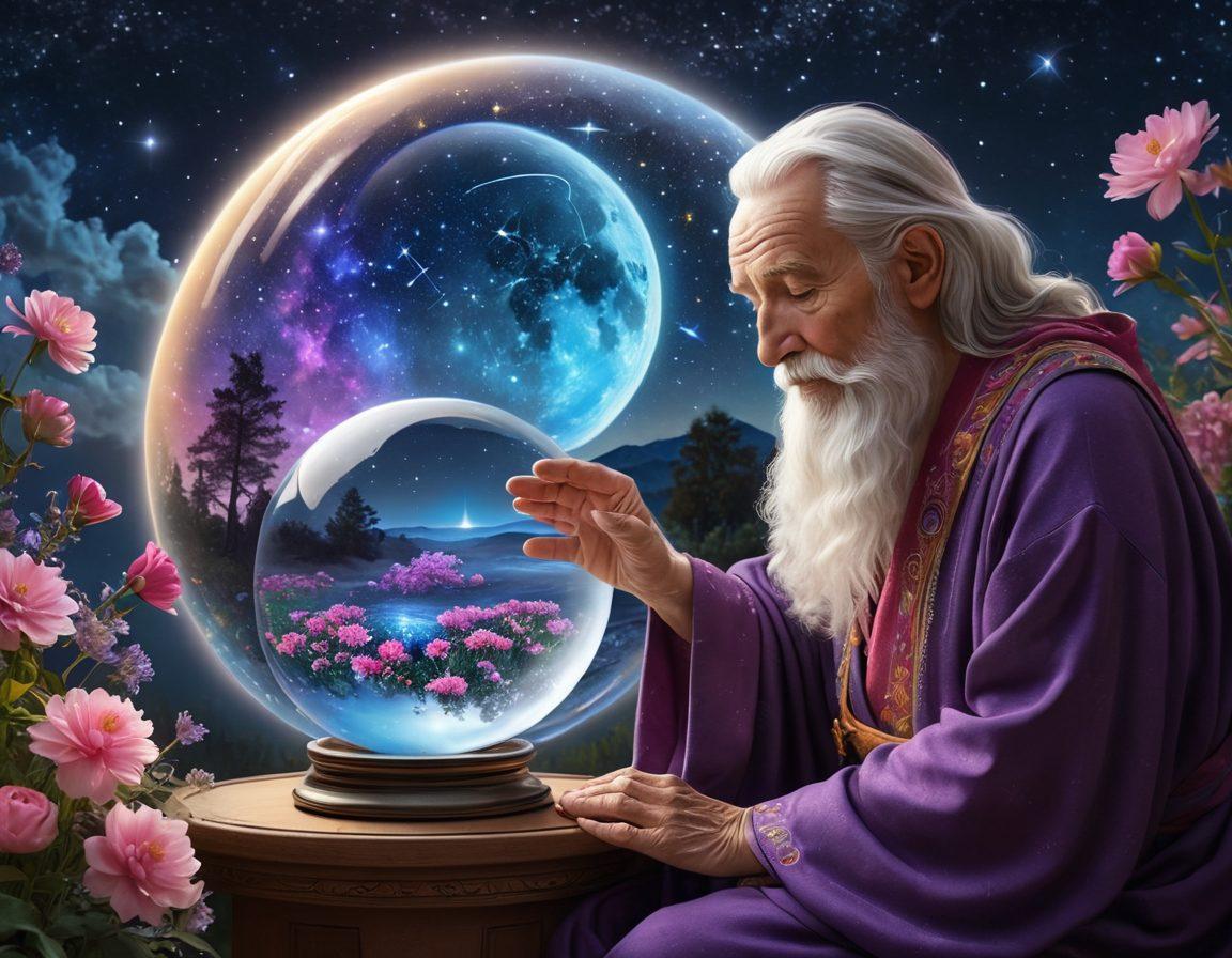 A mystical starry night sky filled with constellations and a luminous full moon casting a gentle glow over a serene landscape. In the foreground, a wise elderly figure with a flowing robe is gazing into a crystal ball, surrounded by astrological symbols and vibrant flowers. Ethereal wisps of light swirl around, suggesting spiritual energy and guidance. The overall atmosphere is calming and enchanting, inviting viewers to explore their life path. super-realistic. vibrant colors. dreamy background.